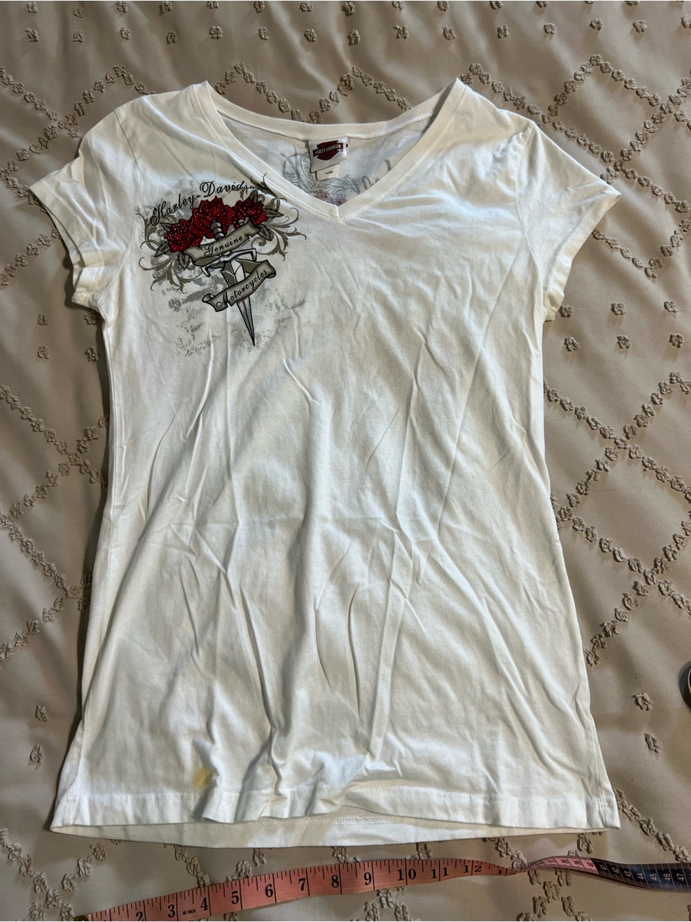 Harley Davidson Wildcat Graphic Tee Size L White Wings Roses - Picture 5 of 11